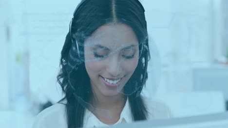 Animation-of-globe-over-biracial-businesswoman-using-phone-headset