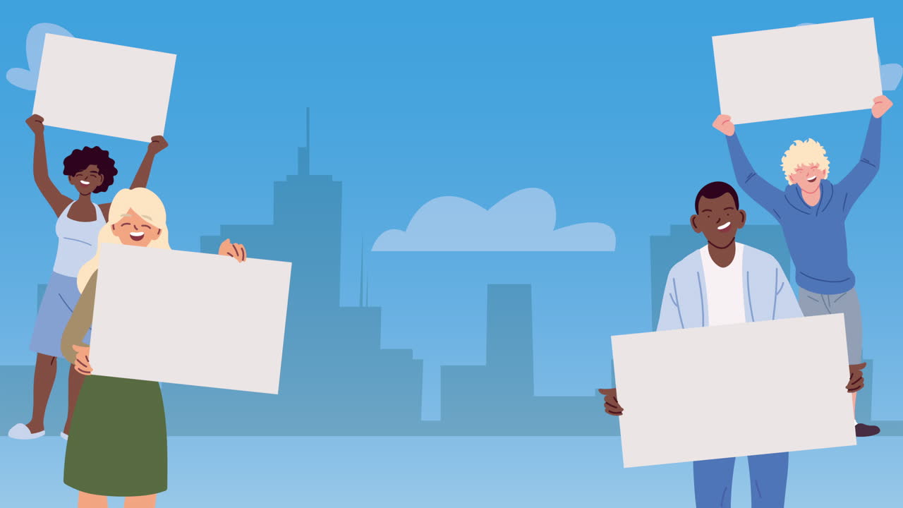 빈 표지판을 들고 있는 다양한 그룹