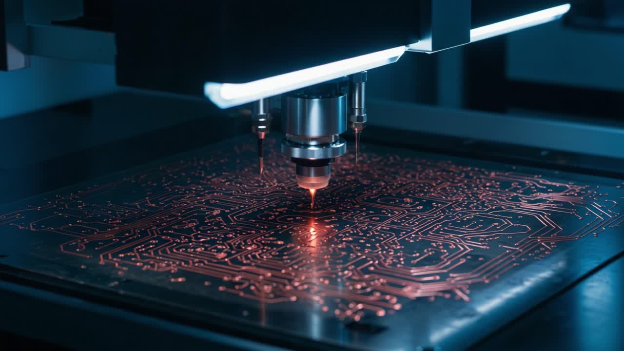 Advanced Laser Technology Engraving Circuit Patterns on a Dark Surface in a High-Tech Manufacturing Environment, Showcasing Precision and Innovation in Electronics Fabrication