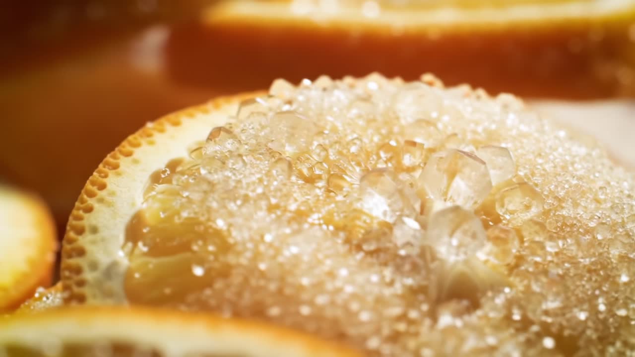 Glistening Citrus Delight: A Close-Up View of Sugar-Coated Lemon Slices Showcasing Their Zesty Beauty and Tempting Texture Under Soft Natural Light