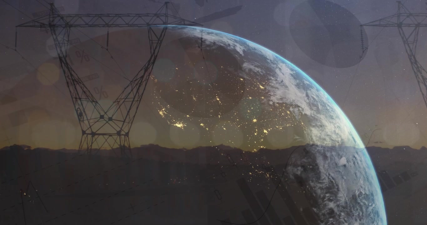 Animazione di globo ed elaborazione dati finanziari su tralicci elettrici