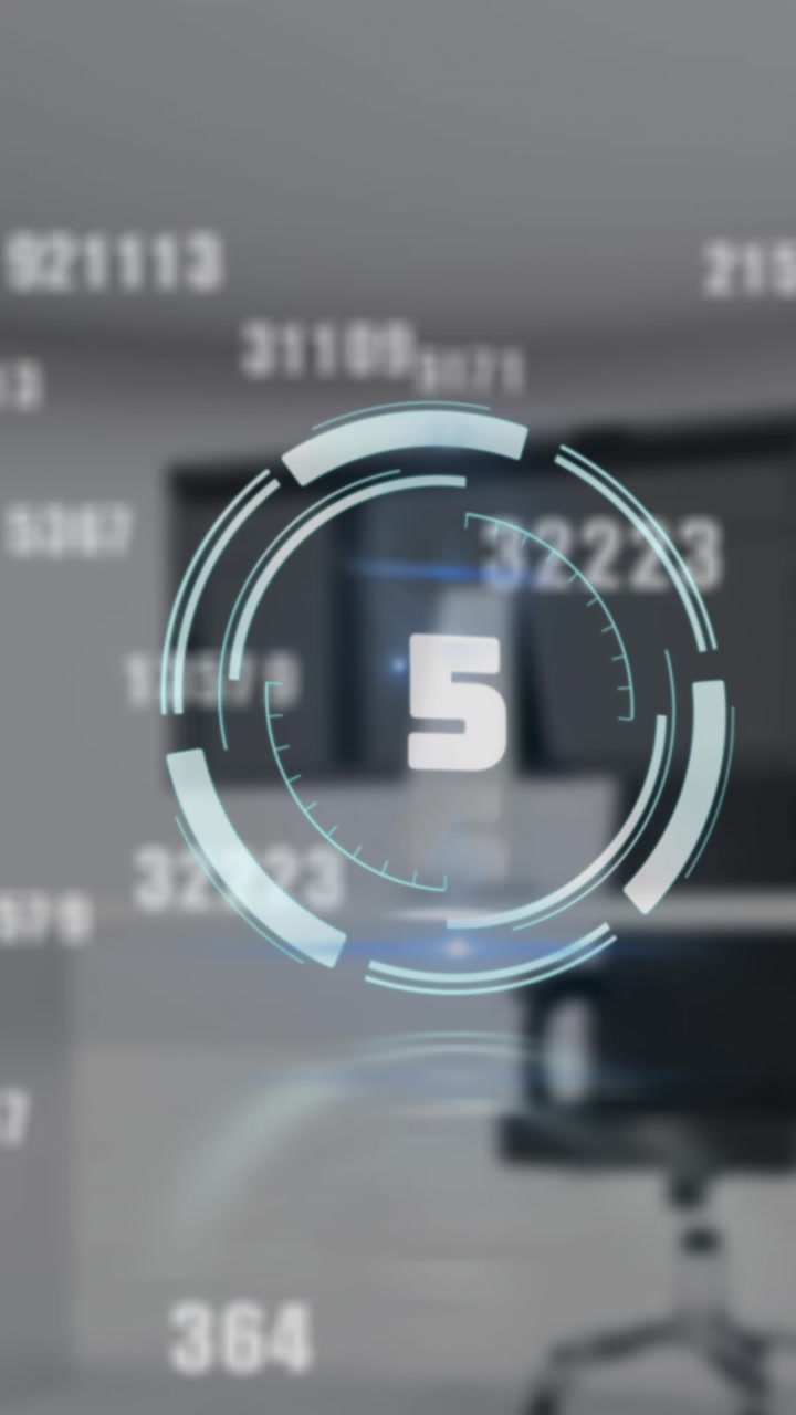 Animation of countdown over round scanner and multiple changing numbers against empty office