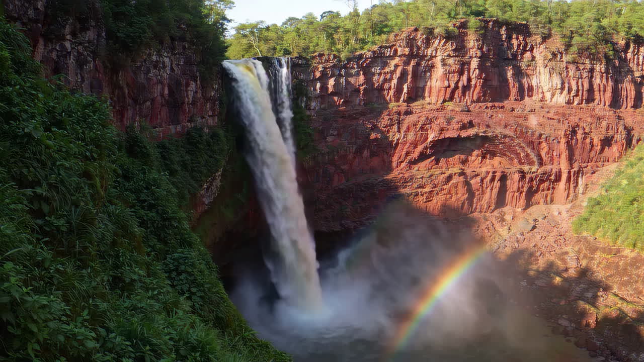 Amazing Waterfall with Rainbow in the Rainforest
