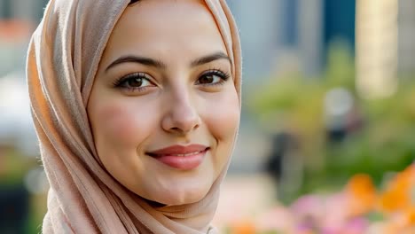 a woman wearing a headscarf smiles at the camera