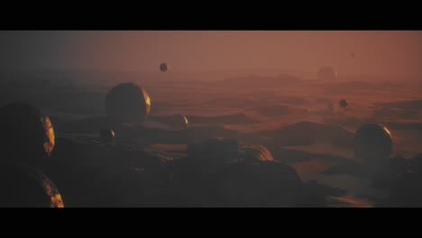 alien planet desert landscape during sunset with strange sphere-shaped buildings