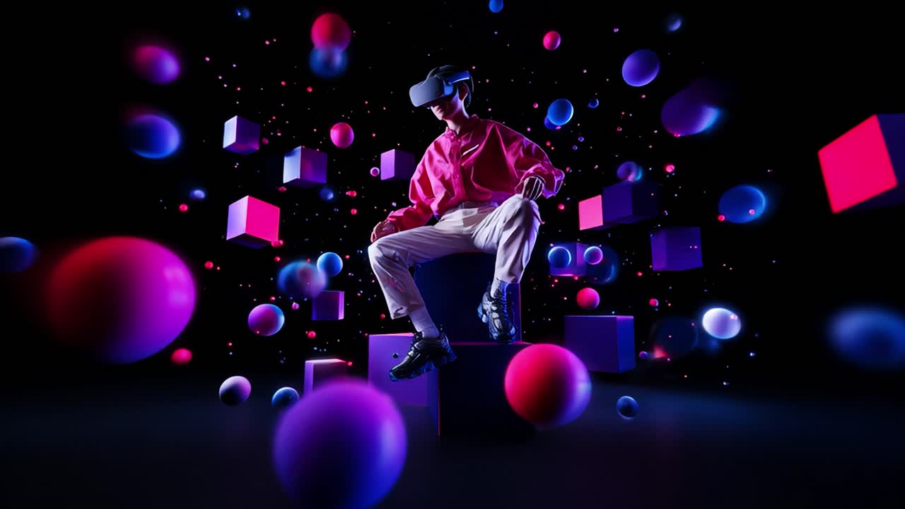 A captivating virtual reality experience showcased through dynamic visuals, vibrant colors, and captivating 3D shapes, emphasizing the immersive nature of digital worlds and interactive technology