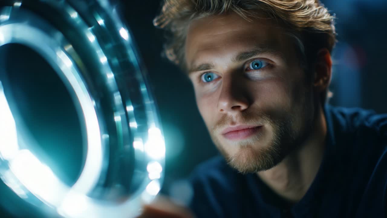 A young man gazes intently into a circular illuminated mirror, reflecting on his features, with a backdrop that enhances the captivating glow, embodying a moment of contemplation and self-reflection
