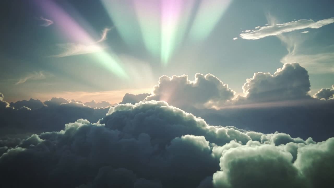 Retroilluminazione con sole basso, cumuli in primo piano che riflettono raggi colorati sopra le nuvole, con i raggi che si attenuano.