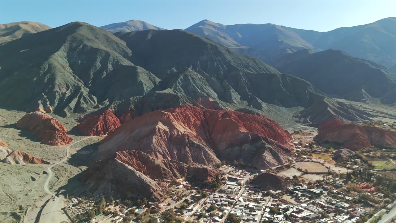 Bird's-eye view of the picturesque village of Purmamarca in Argentina, showcasing the beauty of the Cerro de los 7 Colores.