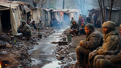 soldiers gathered around a fire in a muddy camp during winter