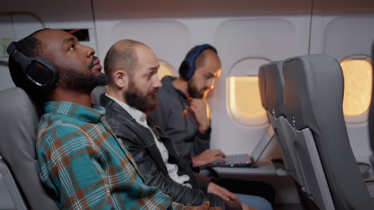 Diverse passengers flying in economy class with airplane