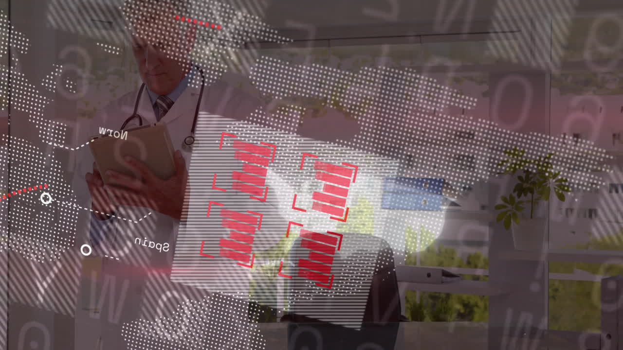 Doctor holding tablet and reviewing medical data, showing floating world-map and red bar-chart