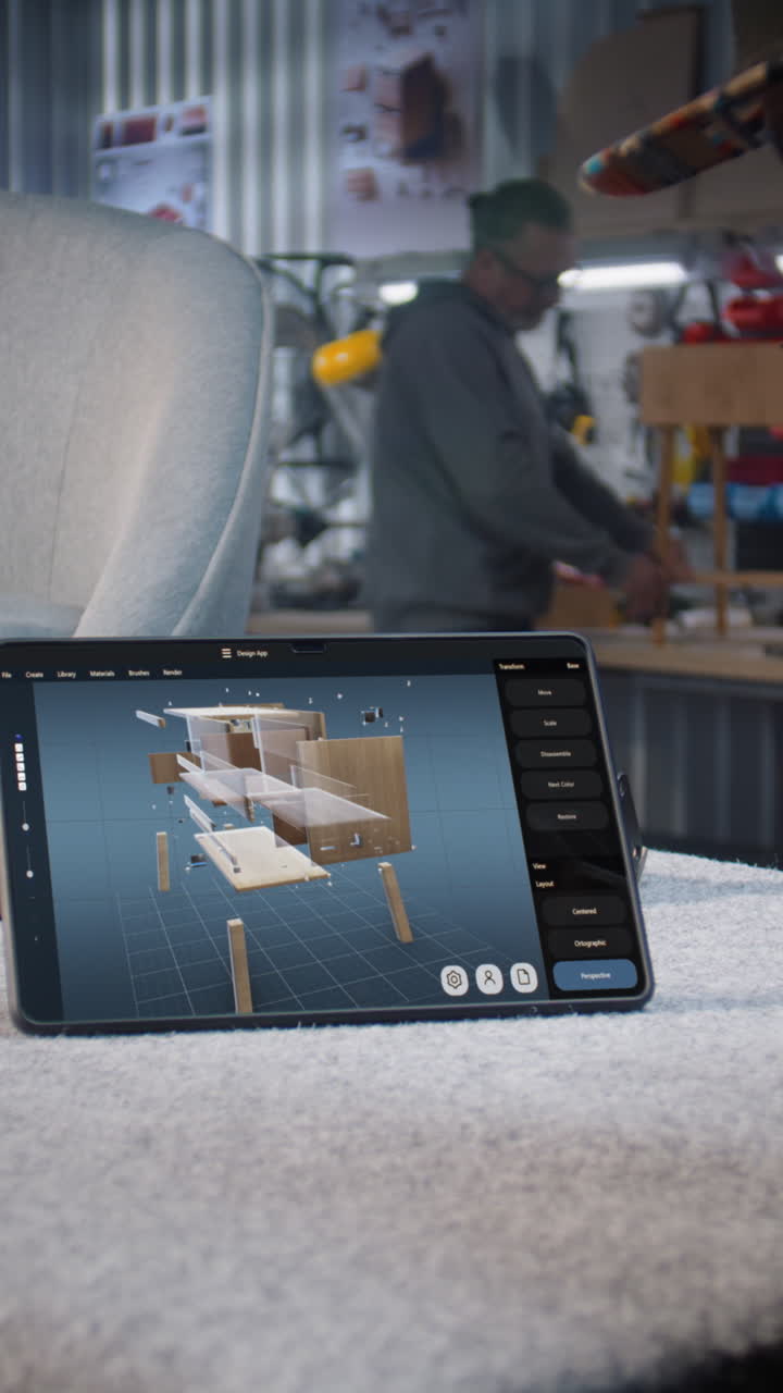 el diseñador crea un modelo 3d de mesa de noche de madera usando una tableta digital y un lápiz. el hombre creativo trabaja en software profesional de ia para la creación de diseño de muebles y modelado 3d.