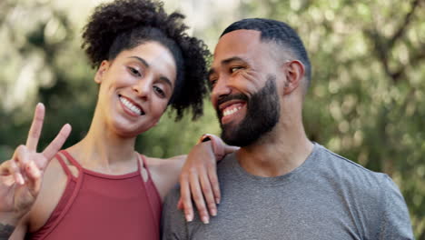 Couple,-peace-sign-and-portrait-outdoor-at-a-park