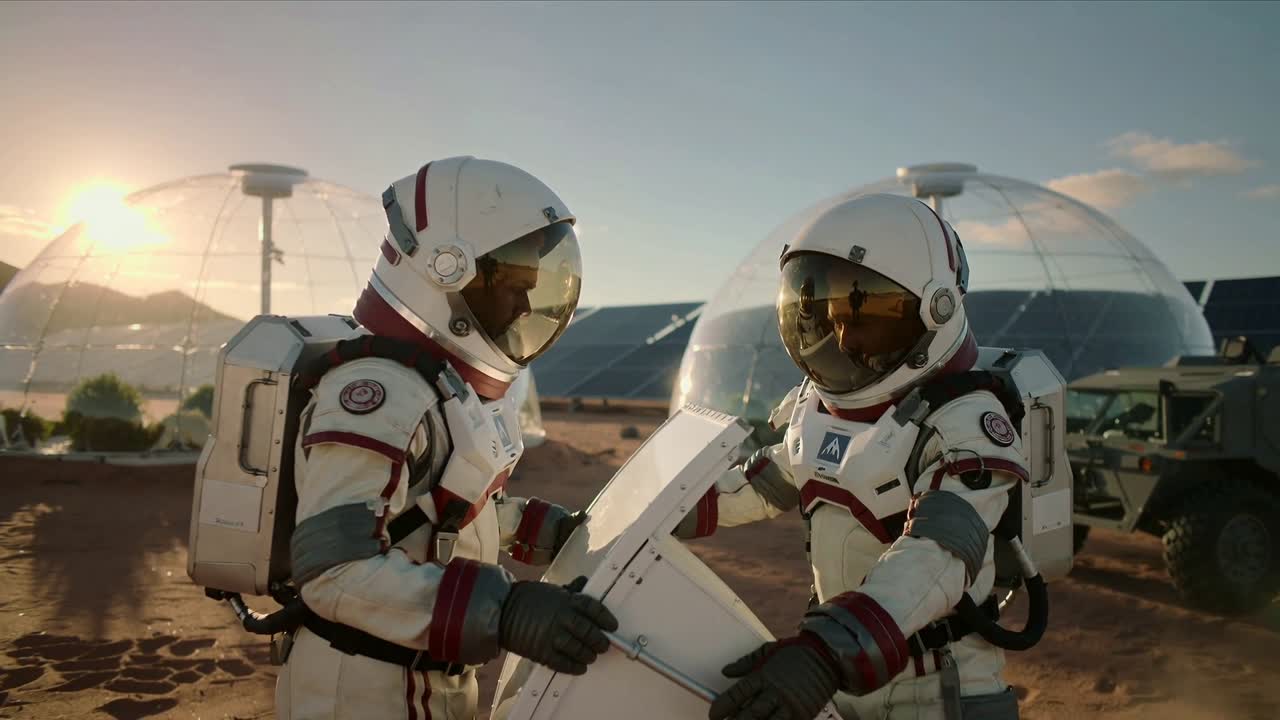 Dos astronautas con trajes de misión manipulando un panel triangular blanco, alineándose para asegurarlo en una llanura arenosa.
