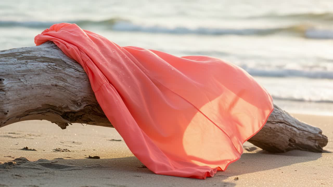 Serene Beach Scene Featuring a Flowing Coral Fabric Draped Over a Weathered Driftwood Log, Capturing the Tranquility of Nature by the Ocean Shore