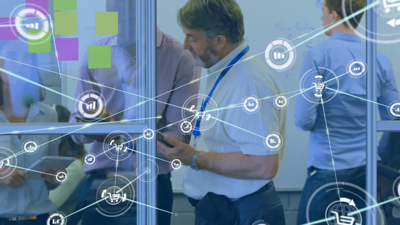animación de una red de iconos digitales sobre diversos colegas discutiendo juntos en la oficina