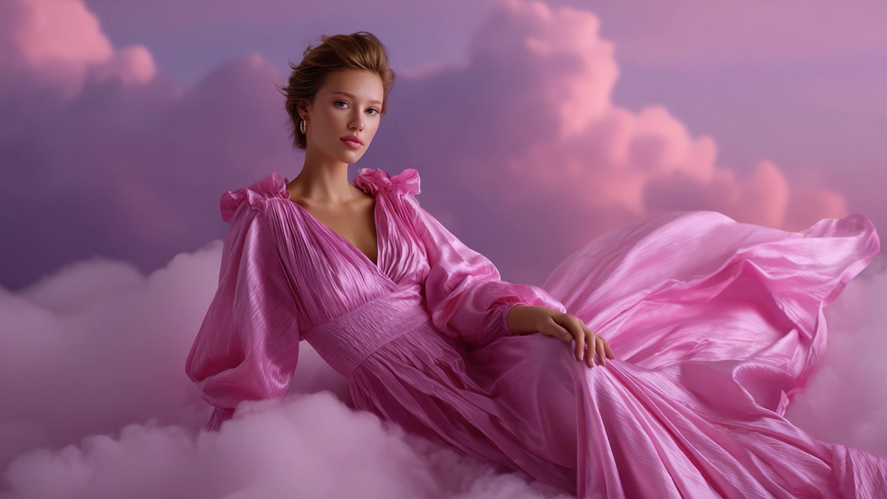 Modella elegante in abito rosa in posa aggraziata tra soffici nuvole su uno sfondo sognante, catturando l'essenza della moda e della bellezza eterea.