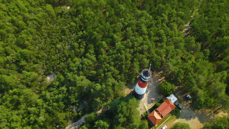 The-drone-slow-spin-around-Stilo-Lighthouse---lighthouse-located-in-Osetnik-on-the-Polish-coast-of-the-Baltic-Sea,-close-to-the-village-of-Sasino,-aerial-daytime