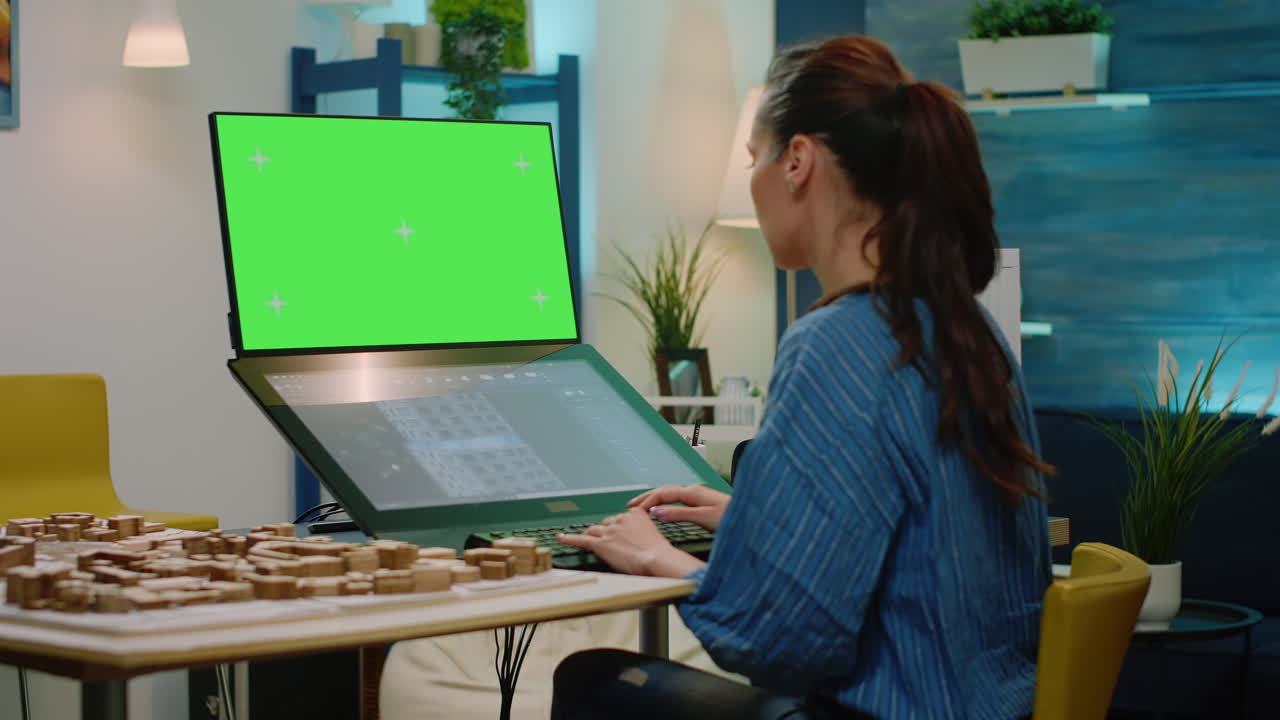 Architect looking at horizontal green screen for building model