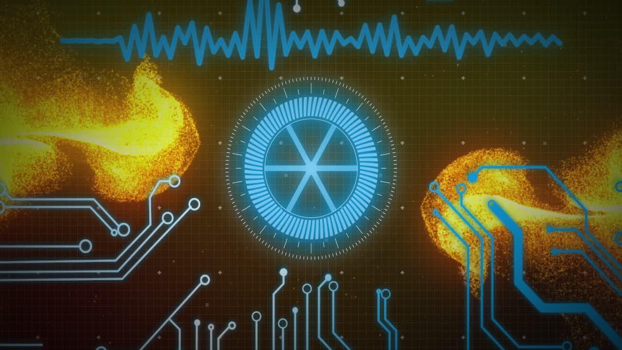 animación del alcance azul, la placa base y la transferencia de datos sobre partículas amarillas brillantes