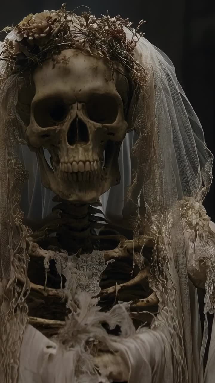 Video verticale: camera con zoom che mostra lo scheletro di una sposa in studio, rivelando un abito e una corona laceri
