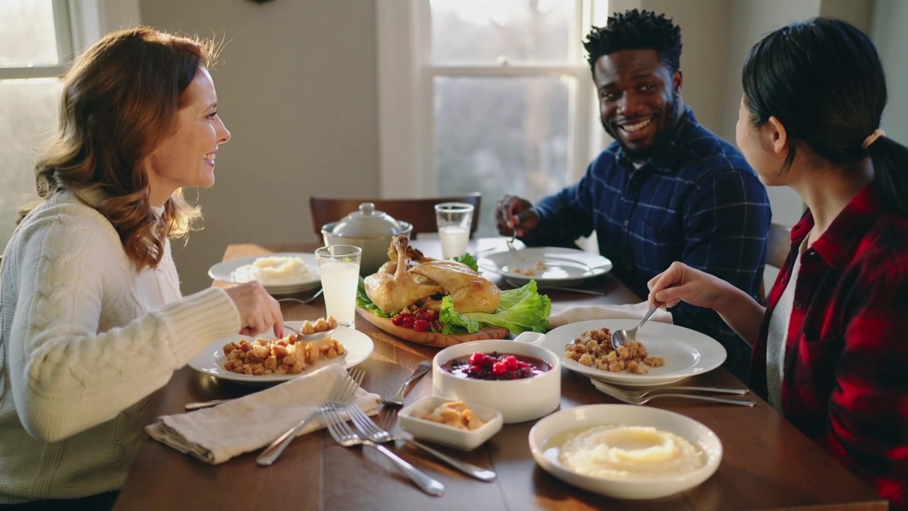 Scooping left sweater woman, right plaid woman, center checkered man sharing roast chicken at table