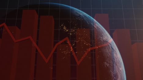 animation of financial data processing over globe on dark background