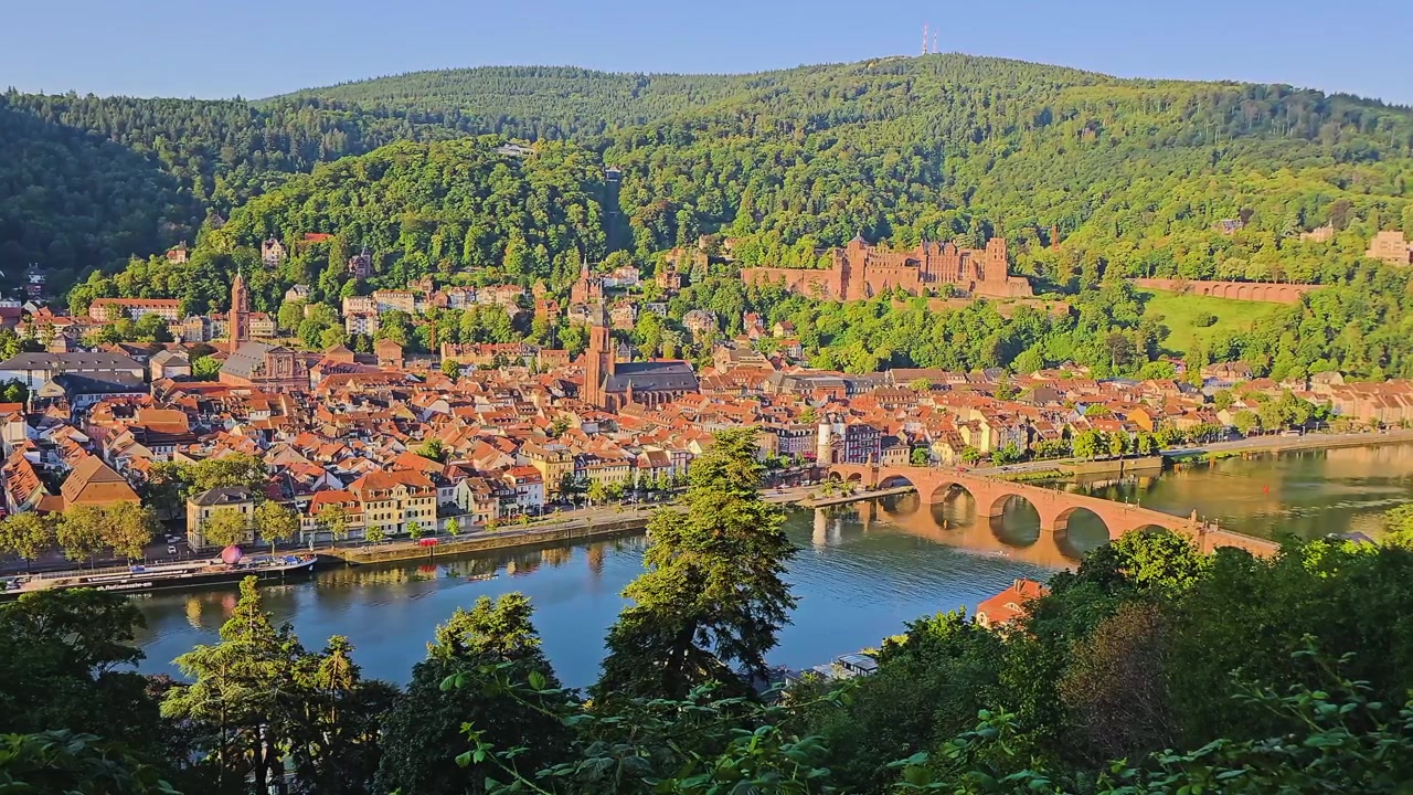 Heidelberg, Germania, vista panoramica di viaggio che mostra il castello, il Ponte Vecchio, il fiume Neckar, i tetti del centro storico, i campanili delle chiese e le fitte colline boscose verdi su uno skyline luminoso di un pomeriggio estivo.