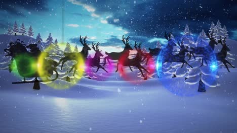 animación de nieve cayendo, decoraciones de árboles de navidad, trineo y renos sobre el paisaje de invierno
