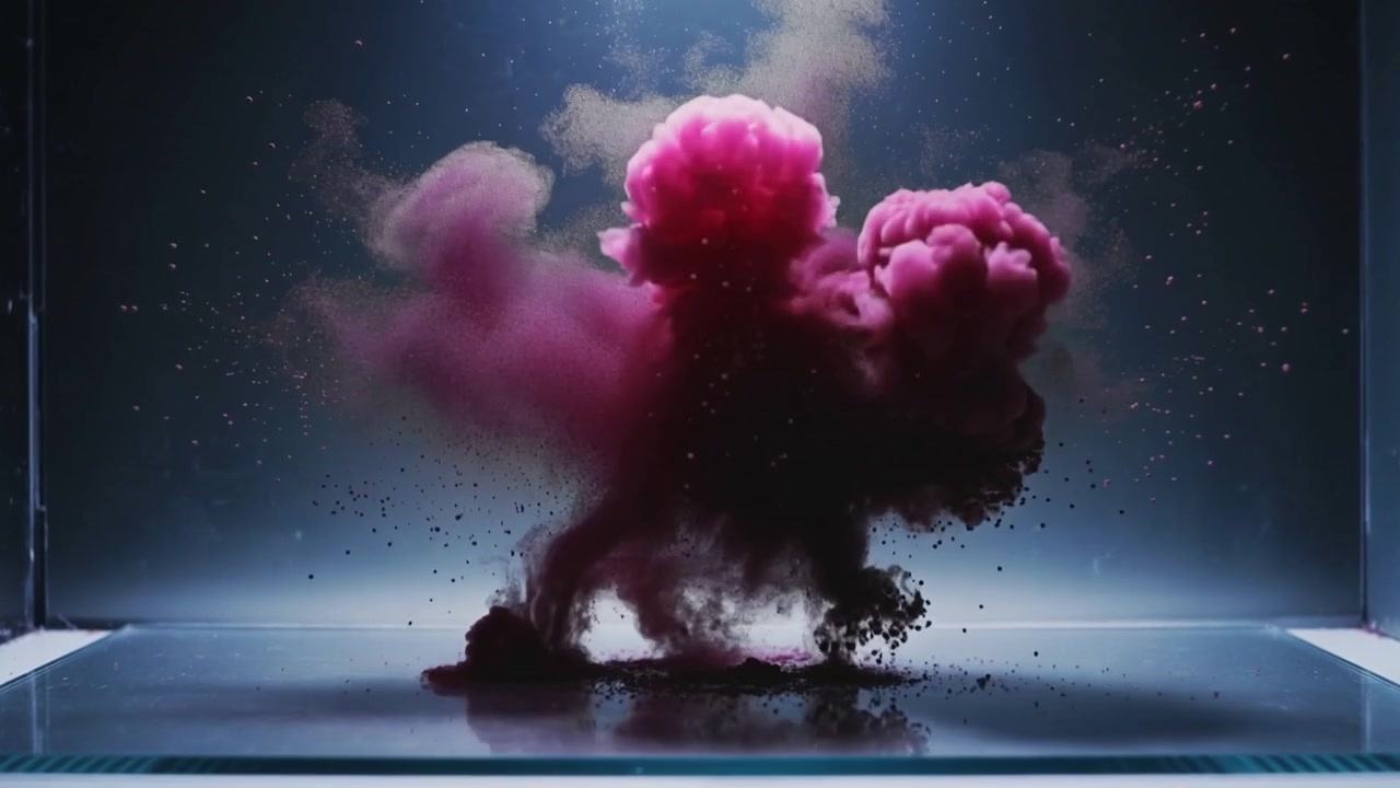 Liberando pigmento magenta que forma uma coluna vertical, explodindo em redemoinhos em um tanque de vidro para estudo.