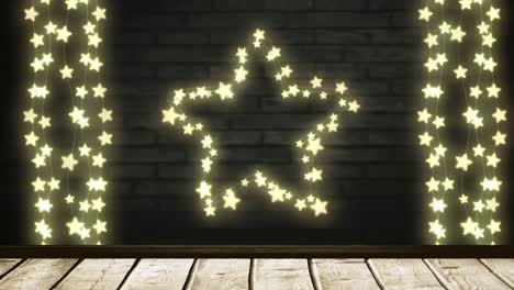 estrella brillante y cuerdas de luces de hadas en el fondo de la pared de ladrillo
