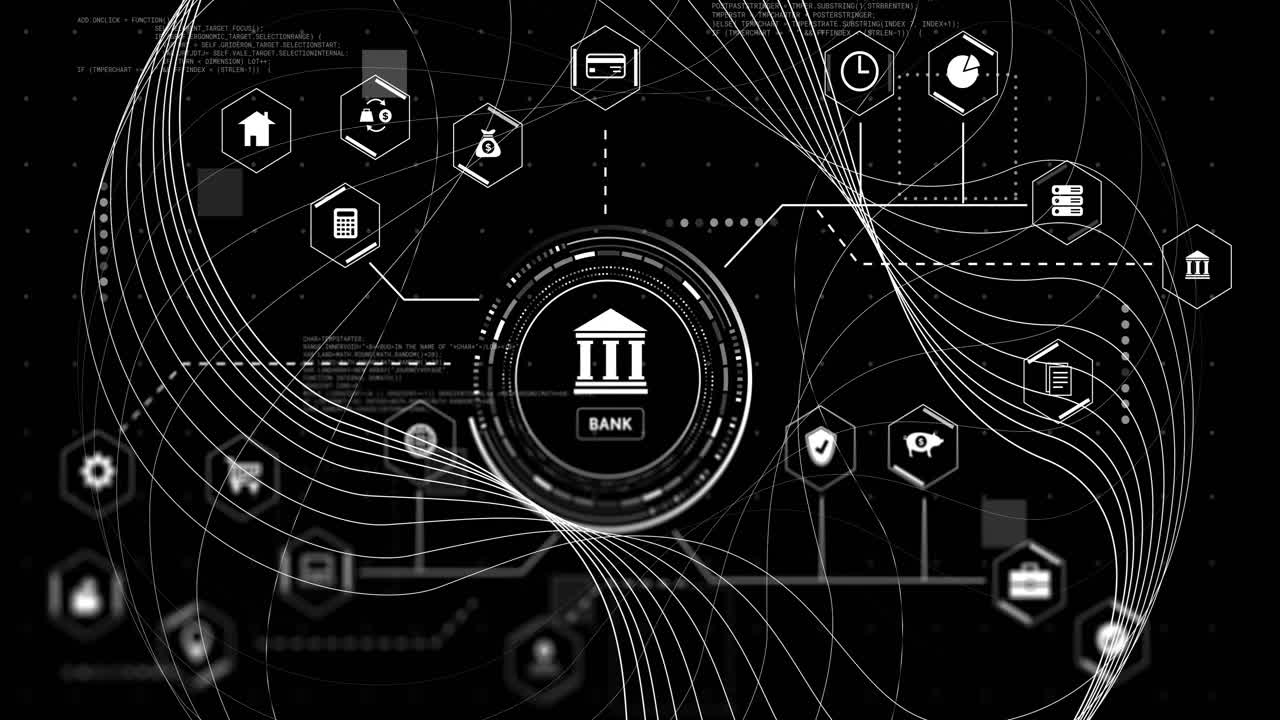 Animation of network of digital business icons and data processing