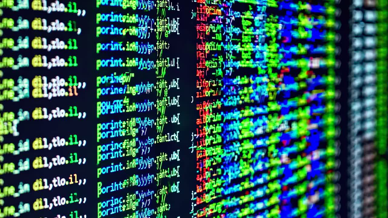 Nærbillede med skrå vinkel af farverig, rullende kode på en skærm, der udstråler en digital og tech-fokuseret stemning.
