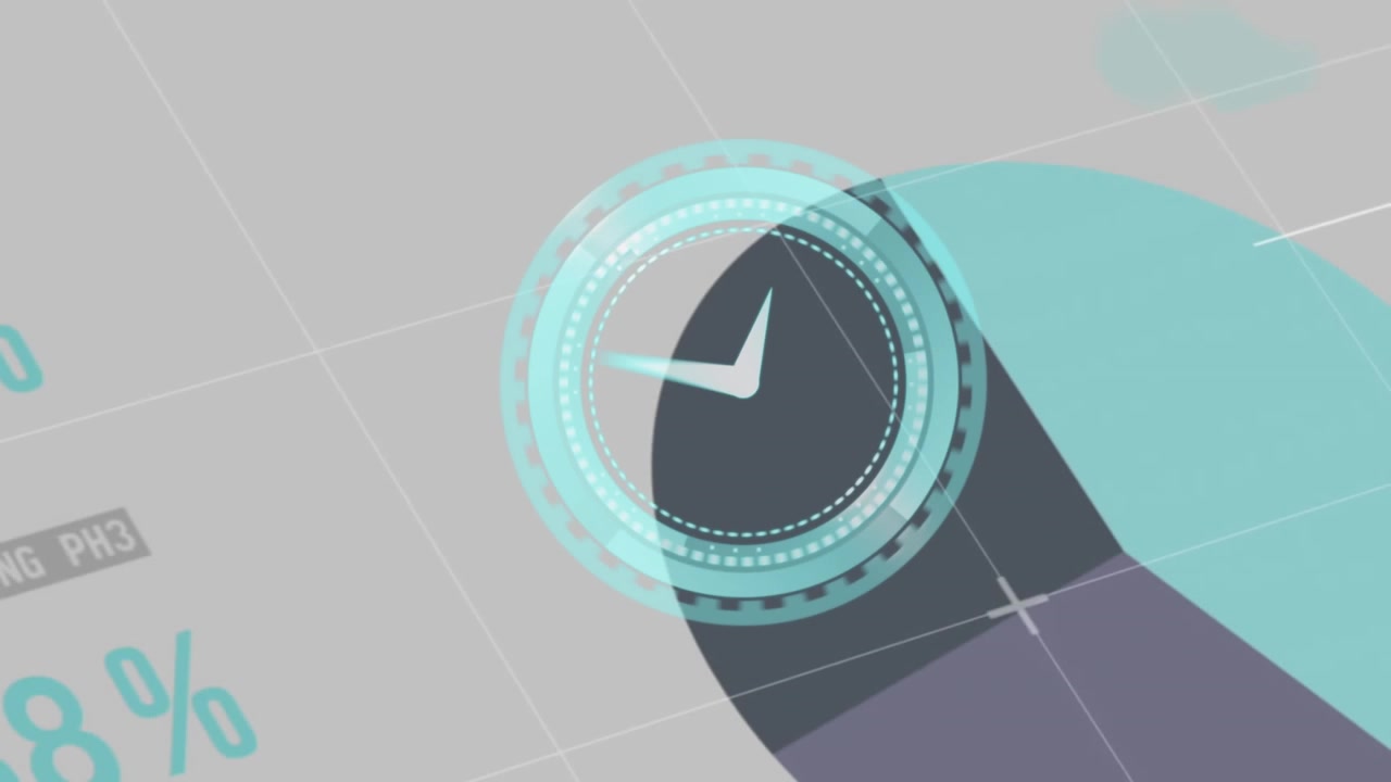 Animation of digital clock moving in periodic motion over infographic interface