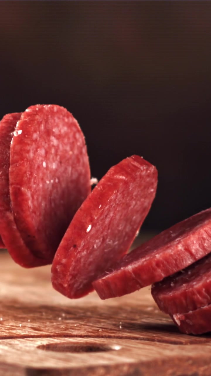 Fette di salame che cadono al rallentatore su un tagliere di legno