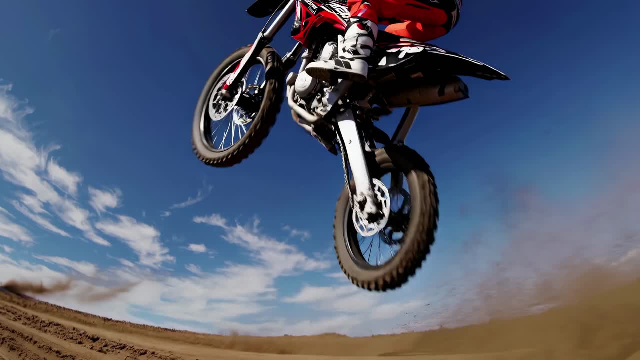 Foto dinâmica em ângulo baixo de uma moto de motocross em ação, capturando velocidade e emoção