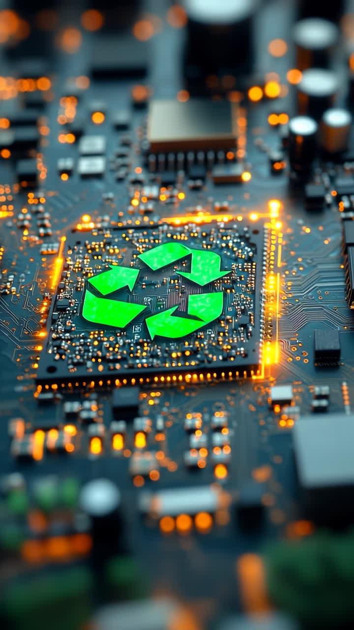 Recycling symbol on circuit board. Close-up of a circuit board with a green recycling symbol lit by orange lights, highlighting tech sustainability.