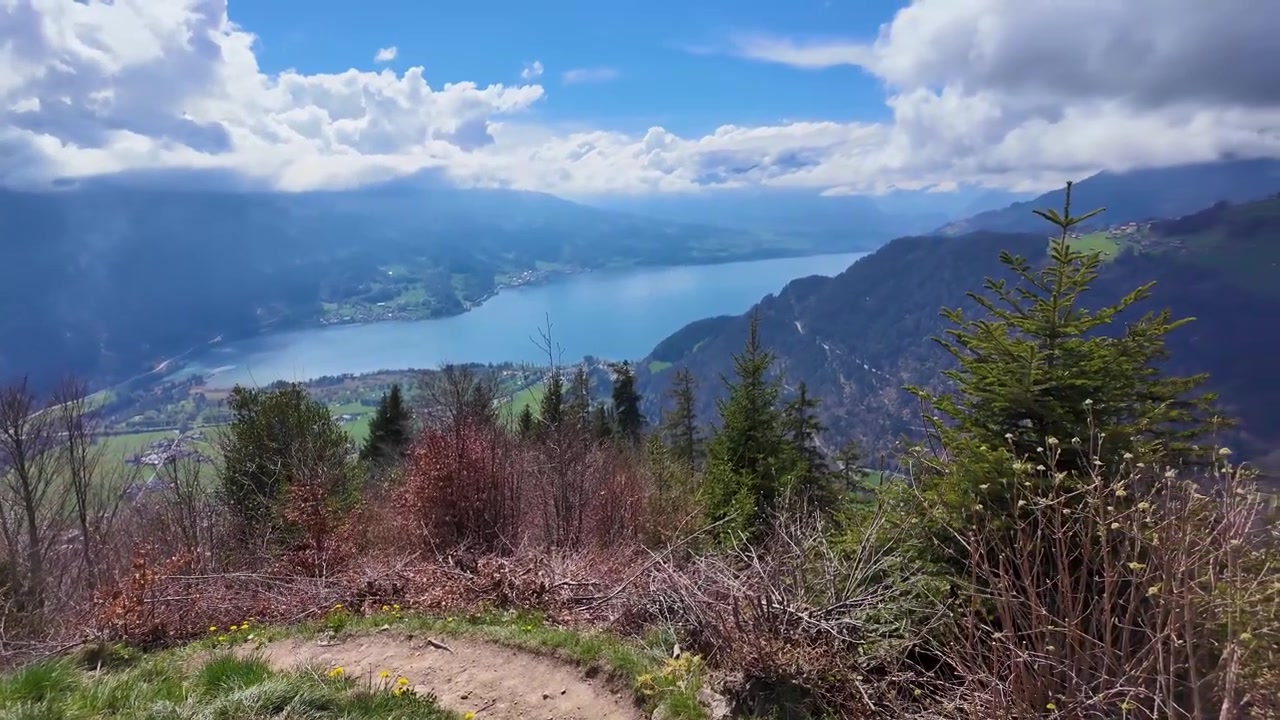 Betagende panoramaudsigt fra Harder Kulm over Interlaken, Schweiz, med Brienzersee, alpedale, skove og dramatiske bjergskyer.