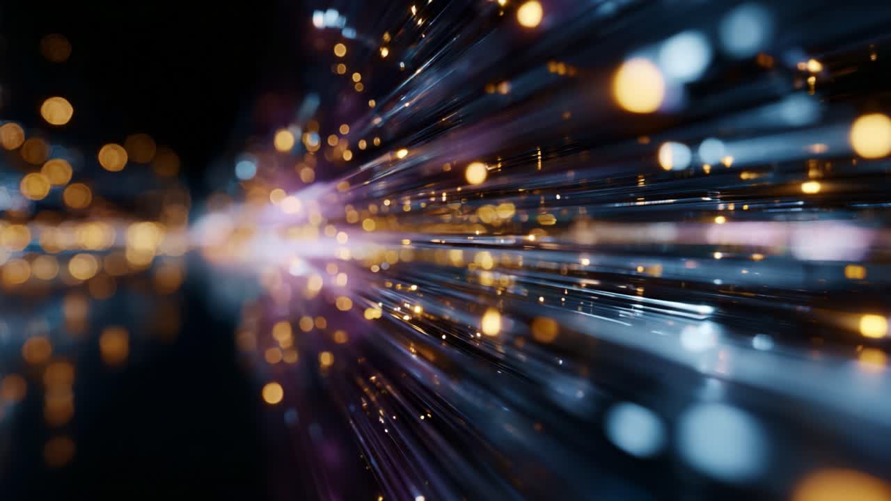 Strisce di luce che attraversano uno spazio digitale vivido con particelle scintillanti e modelli astratti, creando un'esperienza visiva dinamica