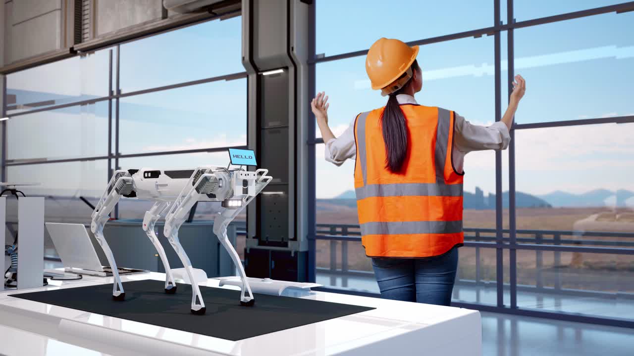 vista posteriore del corpo completo di un ingegnere femminile con casco di sicurezza che diffonde le braccia mentre si trova in una fabbrica ad alta tecnologia, analizzando il concetto di macchina robotica