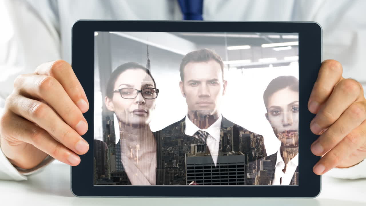 планшет, показывающий видео бизнесменов