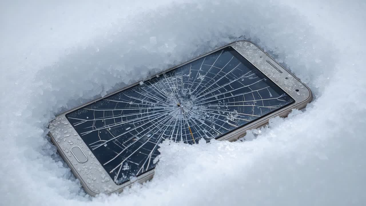 Cámara en movimiento que revela un smartphone roto sobre un hueco poco profundo en la nieve, mostrando cristales rotos