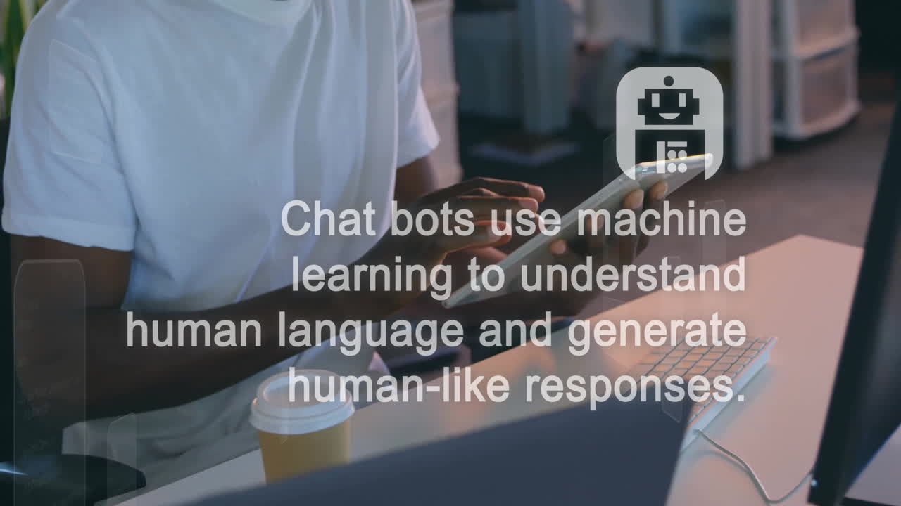 Animation of ai text on screen and data processing over african american man using tablet