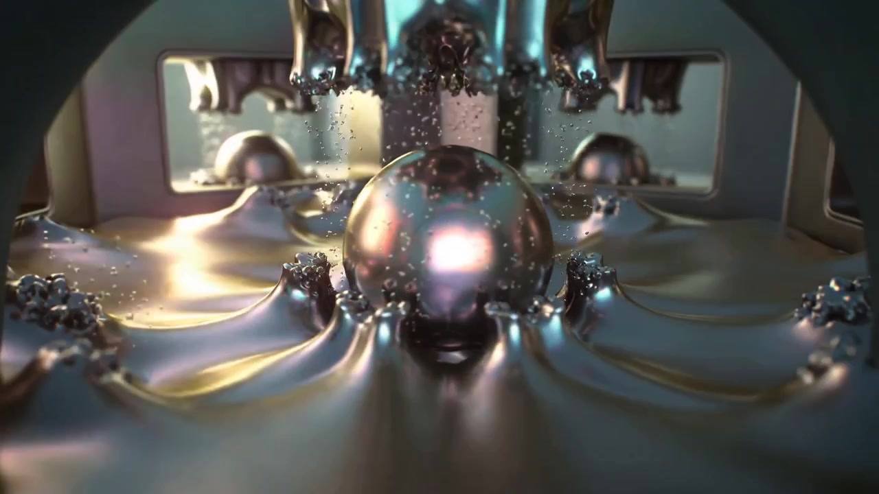 Dripping nozzle sending droplets onto central sphere in chamber, forming beads, testing coalescence
