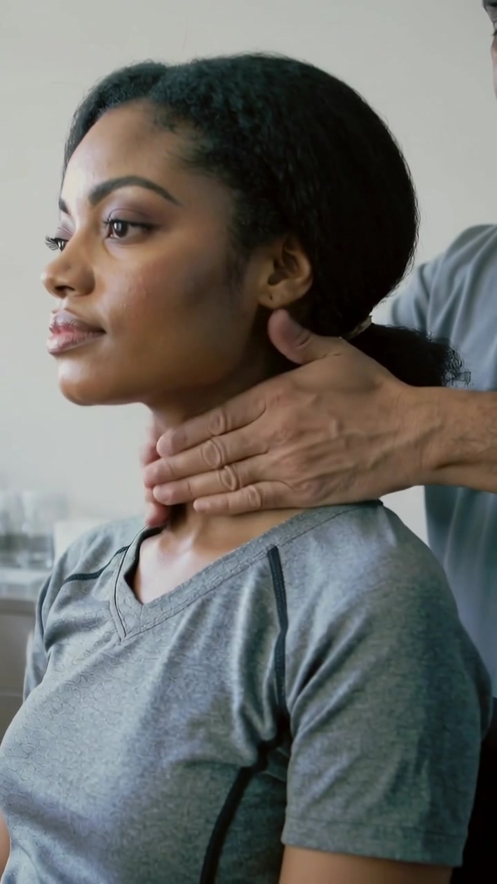 Video verticale: Mani che appaiono, un terapista palpa il collo e la spalla di una donna con maglietta grigia in una sala d'esame.