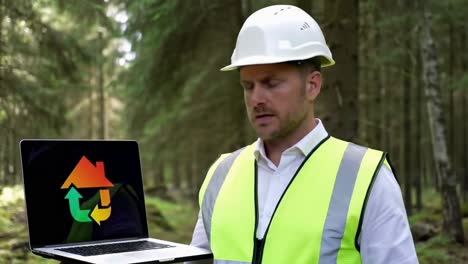 engineer in a forest holding a laptop with a recycling house icon