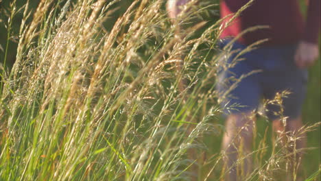 man with hand tremor walks through field of tall grass with staff, close-up