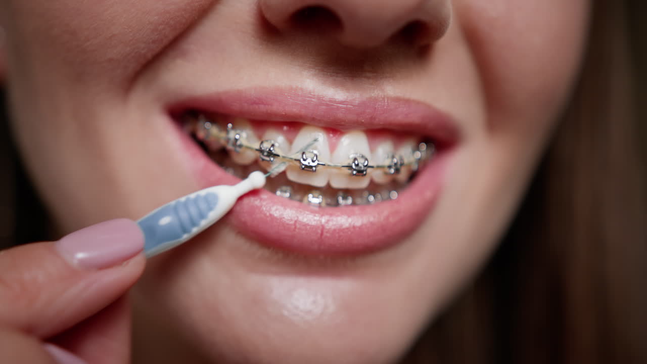 Woman Cleaning Teeth with Braces Using Interdental Brush