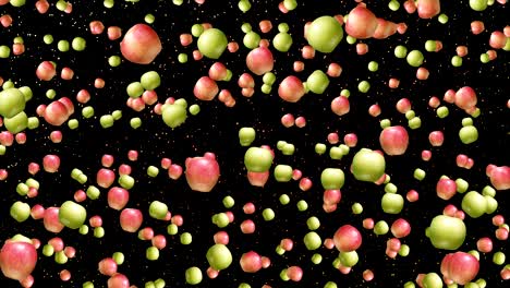 red and green fresh apples spinning and falling on black background.